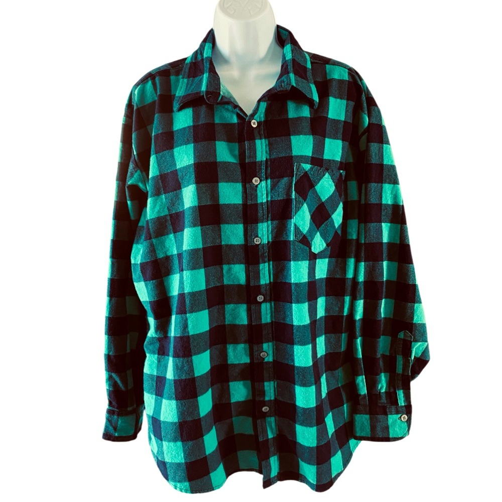 Vintage SAUGATUCK 100% Cotton Green and Black Button Down Flannel Shirt Large